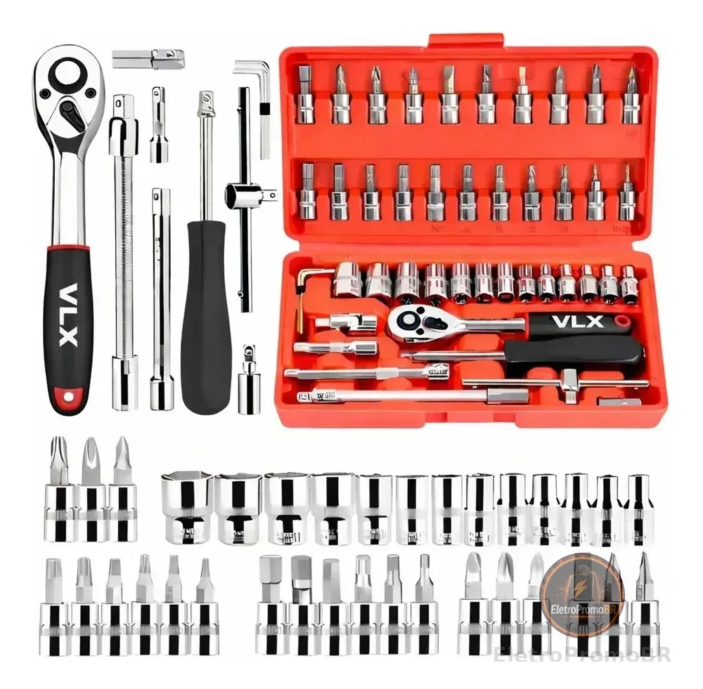 Kit Chaves Ferramentas Jogo Fenda Philips Catraca Soquete Allen 46 Peças com Maleta Completa Manual Ideal Mecânico Manutenção Casa Carro Profissional Resistente Portátil Compacto Marca VLX