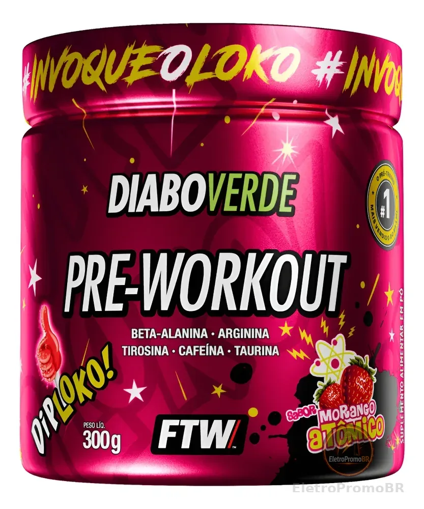Suplemento Em Pó Pre Treino Dip Loko! 300g Sabor Morango Atômico Ftw - Diabo Verde