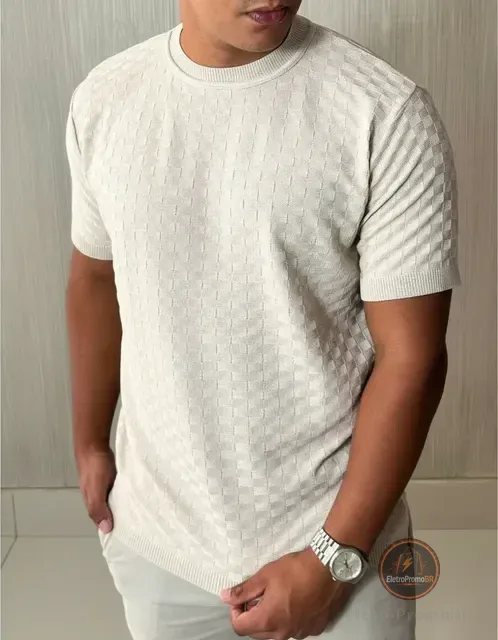 Camiseta Masculina Manga Curta Xadrez Tricô Leve Elegante