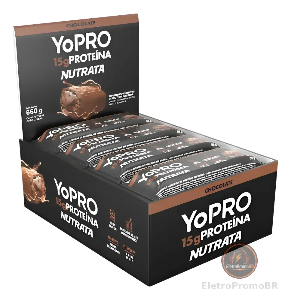 Barra De Proteína Yopro Cx 12 Un Nutrata Sabor Chocolate Chocolate