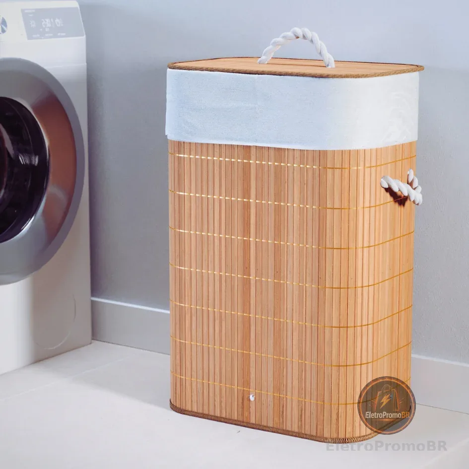 Cesto De Roupa Suja Bambu 72 Litros Lavanderia Com Tampa e Alças Forrado Grande Organizador Banheiro