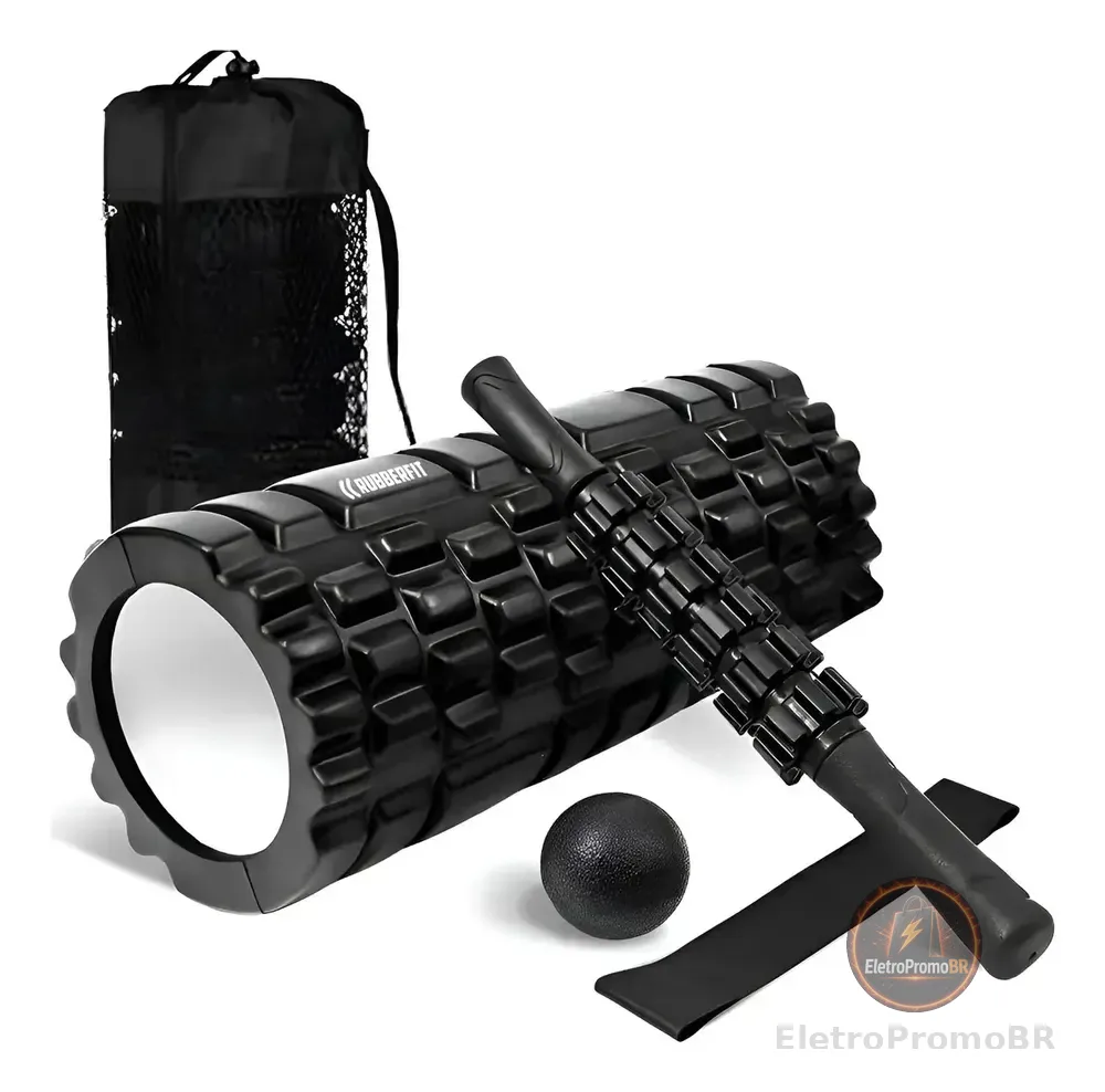 Rolo de Massagem Foam Roller Liberação Miofascial Soltura Yoga Preto Kit 4 em 1 Rubber Fit