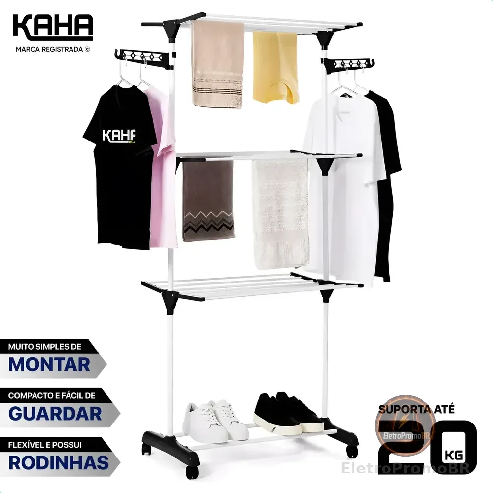 Kaha Varal De Chão Grande 3 Andares Dobrável Preto/branco
