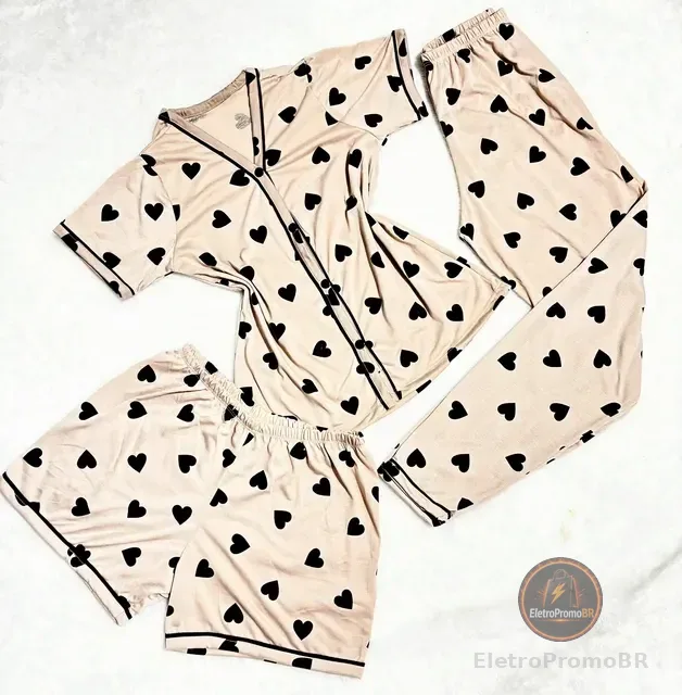 Kit Pijama Americano 3 Peças Camisa Botões + Calça + Short