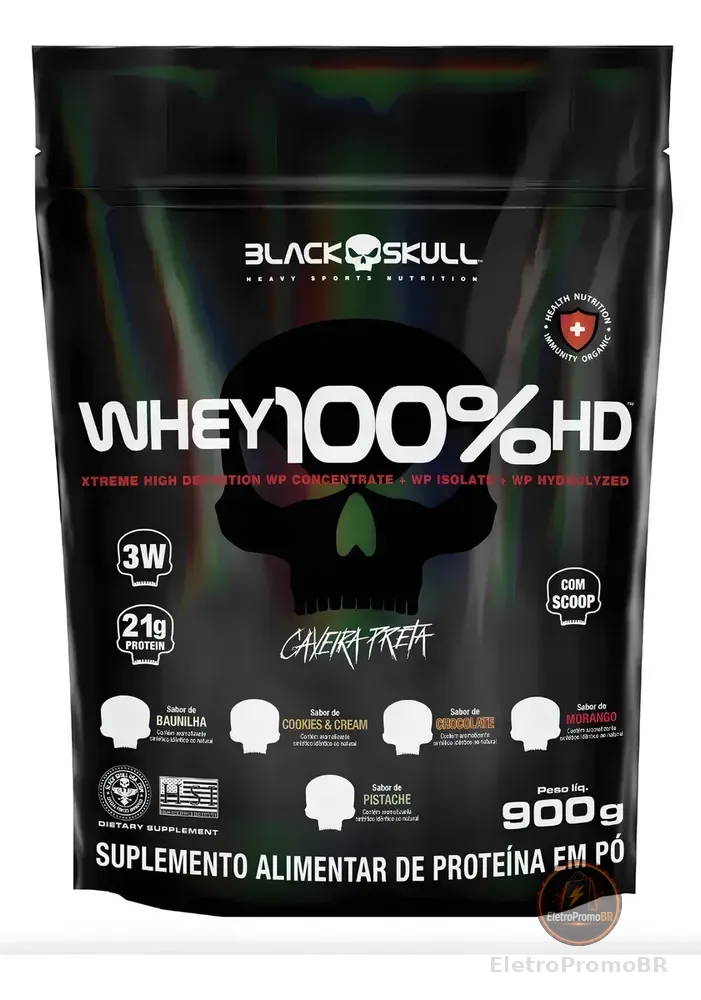 Whey 100% Hd Refil Black Skull 900g Wpc Wpi E Wph Sabor Baunilha