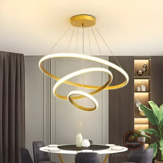 Lustre Pendente Led Moderno Anéis Led 89w 3 Arcos Dourado