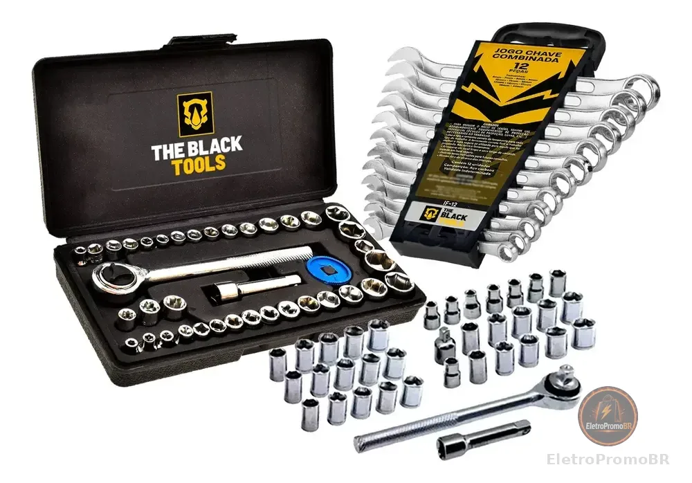 Kit Ferramentas The Black Tools com Jogo de Soquetes 40 Peças e Chaves Combinadas de 6 a 22mm