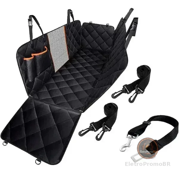 Capa de Proteção para Banco Traseiro Pets com Cinto versátil 4x1 - Preto com Borda Laranja - Estoquee