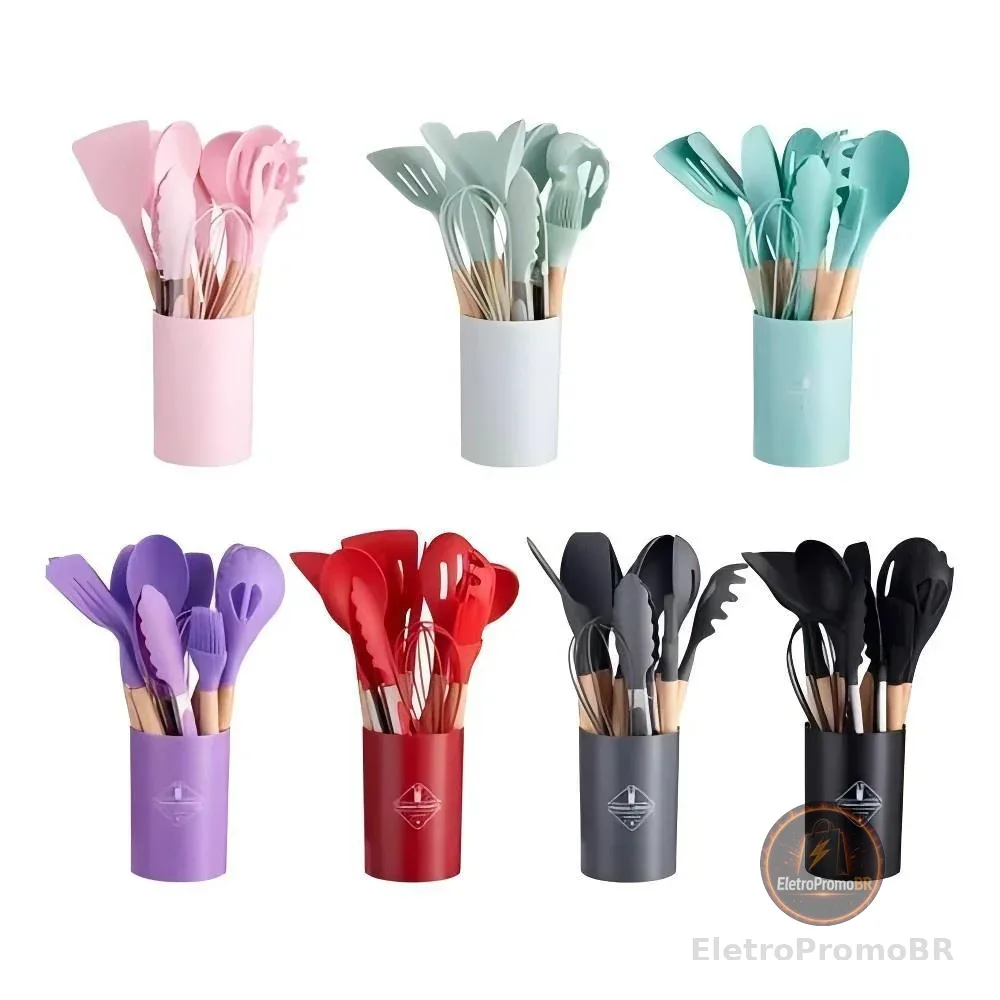 KIT de Utensílios Para Cozinha em Silicone e Bambu 12 Peças