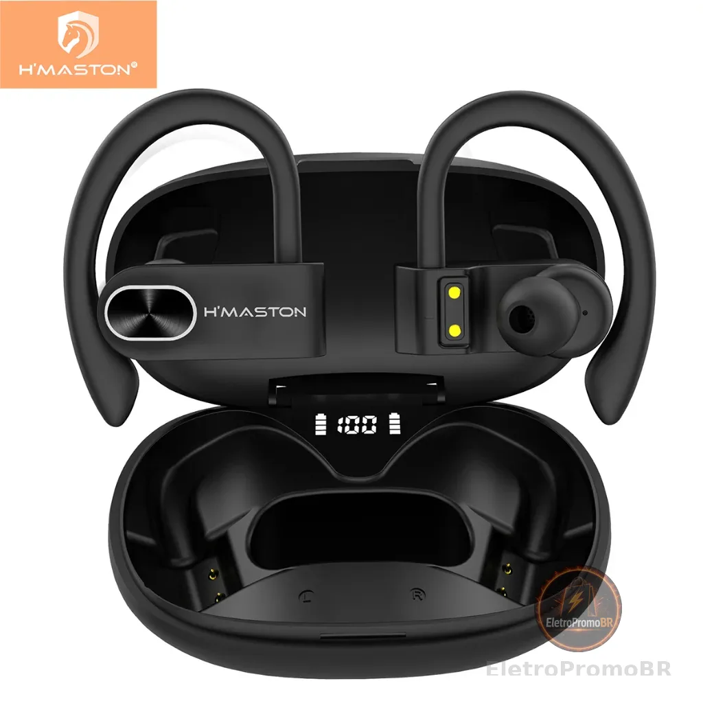 H'maston RS-52 Bluetooth 5.3 Fone De Ouvido Sem Fio Esportivo De Longa Espera Com Luz Led Para