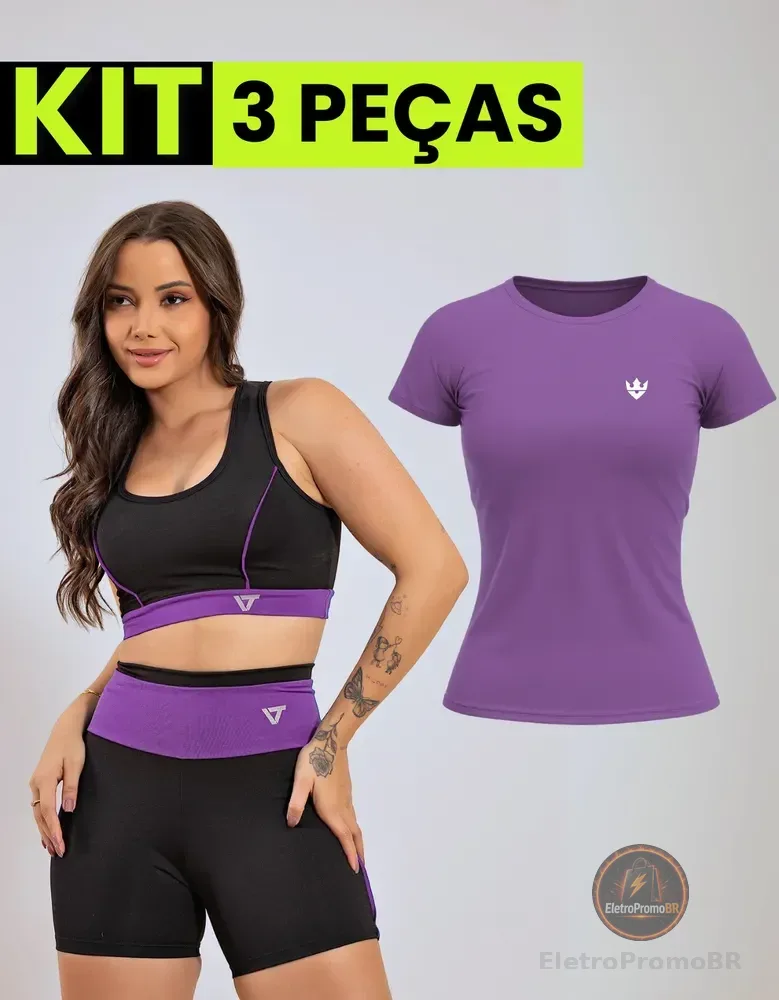 Kit Conjunto Fitness Feminino + Camiseta Roupa Academia Roxo Lisa G