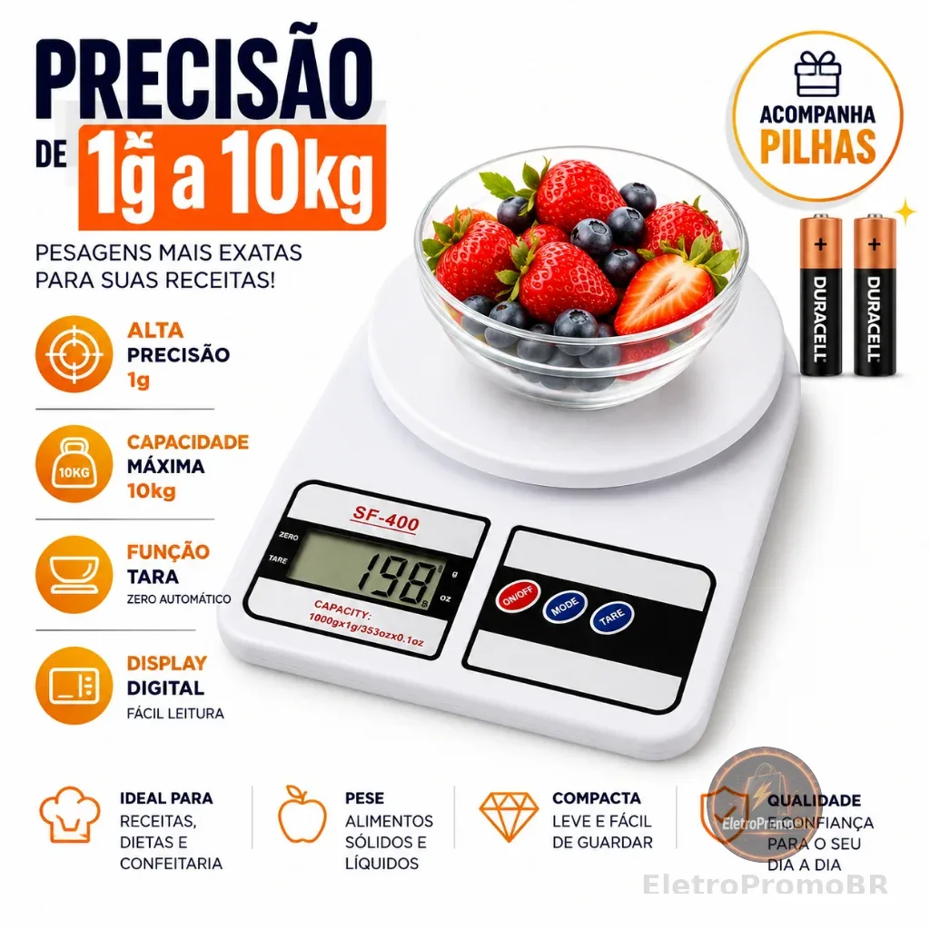 Balança Digital Cozinha 10Kg Precisão Balança de Alimentos Cozinha pilhas inclusas