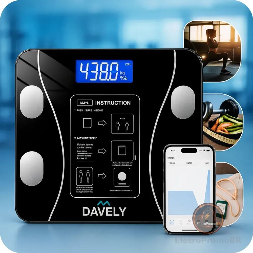 Balança Digital Corporal Bioimpedância Davely Bluetooth para Android e iOS Vidro Temperado Alta Capacidade Balança De Banheiro Academia