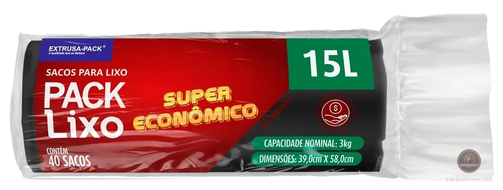 Sacos de Lixo PACK LIXO Super Econômico Preto 15 litros – Uso residencial diário, ideal para lixos leves em pequenas famílias