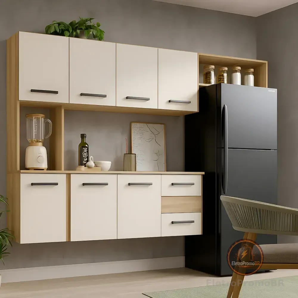 Kit Armário De Cozinha Multiuso Compacta Suspensa Com 7 Portas E 2 Gavetas Cor Cinamomo Off
