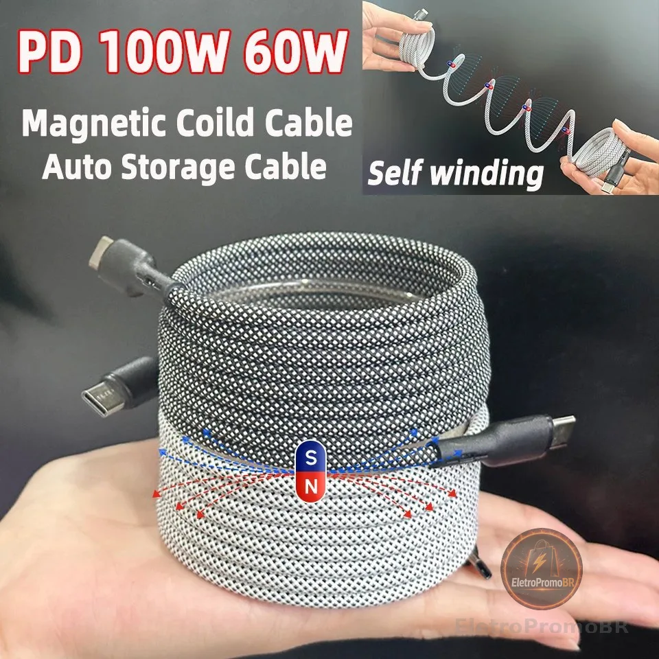 Cabo Magnético USB Tipo C para C de 100W 60W para Transferência de Dados, Cabo de Carregamento em Espiral de 2M 1M para Samsung, Google, Huawei, iPhone, iPad Air - AliExpress 202192403