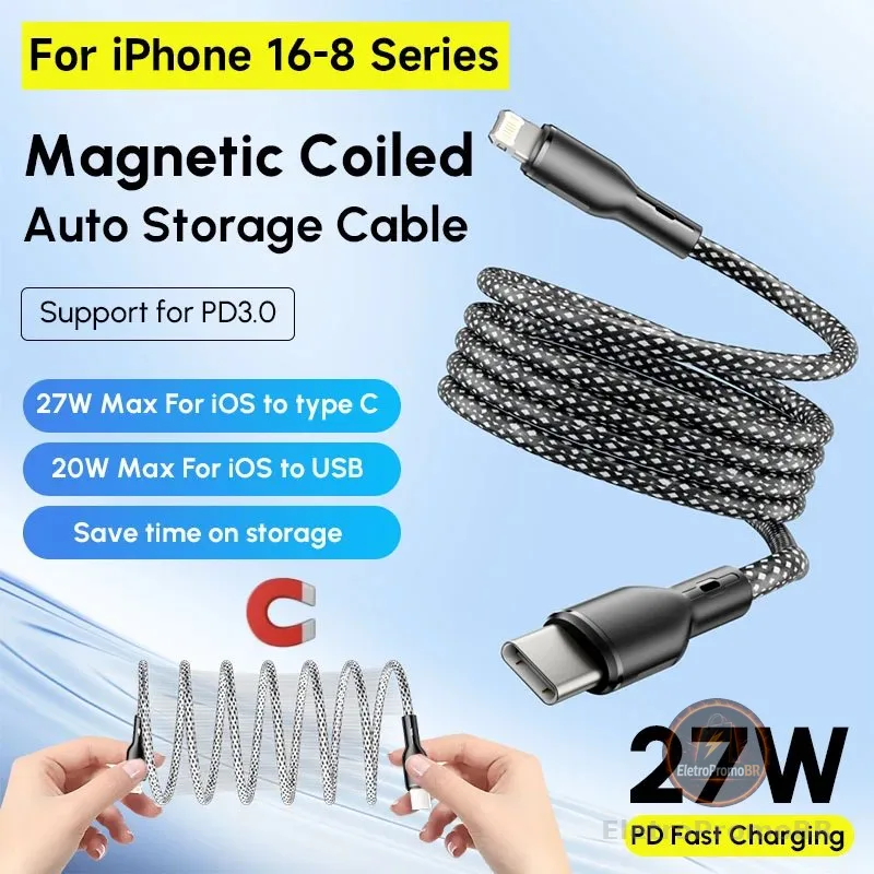 Cabo Magnético USB Tipo C de 27W 100W para iOS, Carregamento Rápido em Espiral para iPhone 17 15 14 16 Pro Max Samsung S26 S25 com Armazenamento Magnético - AliExpress 202192403