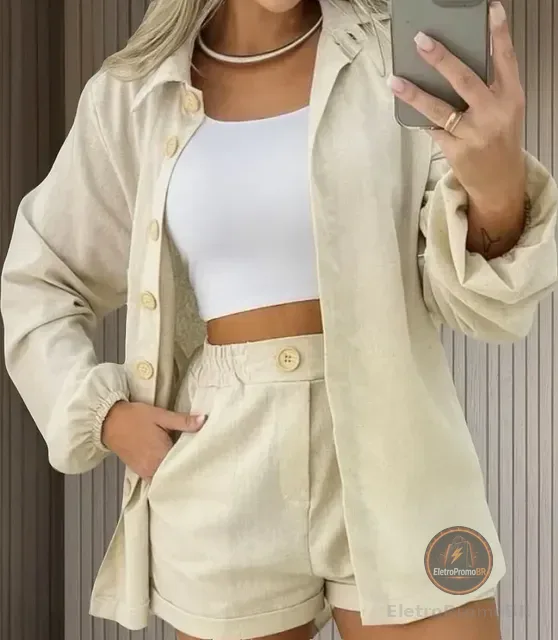 Conjunto Linho Feminino Camisa E Short Linha Premium