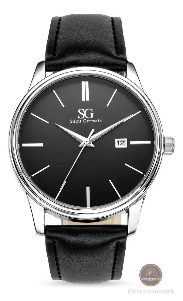 Relógio Masculino Chrowl Saint Germain Pulseira Couro Caixa Prateada Fundo Preto 42mm Clássico