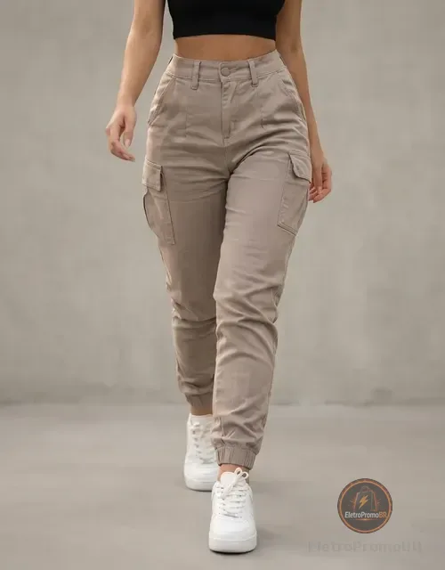 Calça Cargo Jogger Jeans Feminina Cintura Alta Com Lycra
