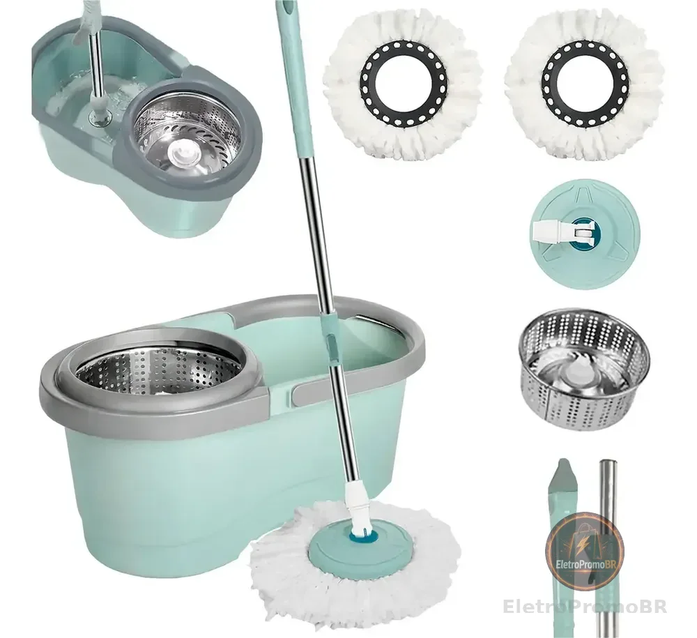 Mop Giratório 13l Rodinhas Esfregão 130cm Cesto Inox C Refil Verde