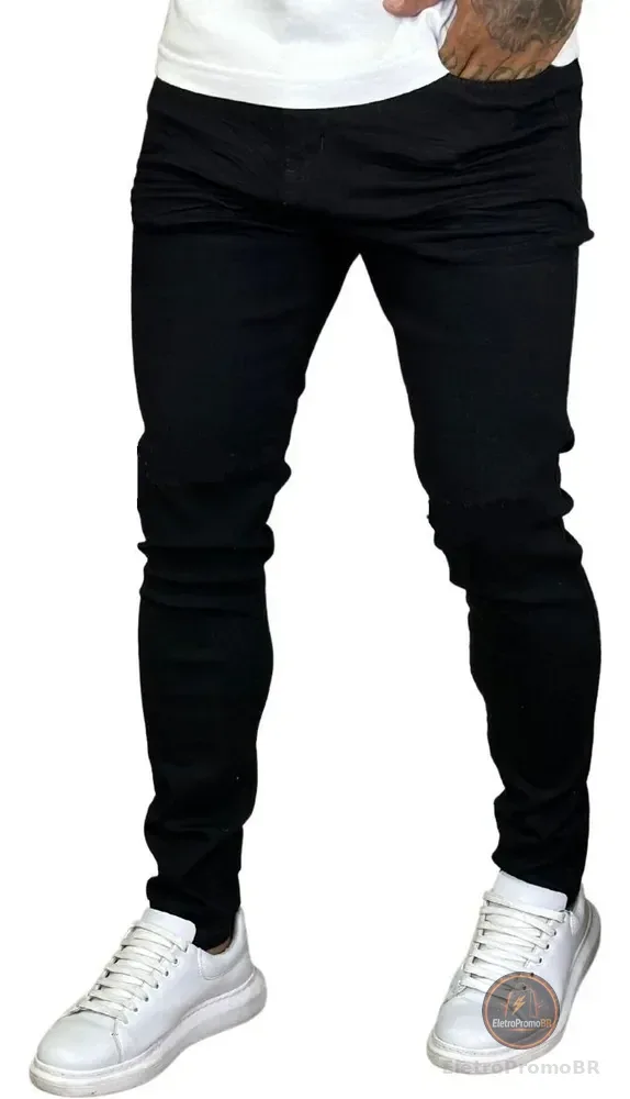 Calça Skinny Preta Masculina Jeans Com Elastano Lycra Preto 44