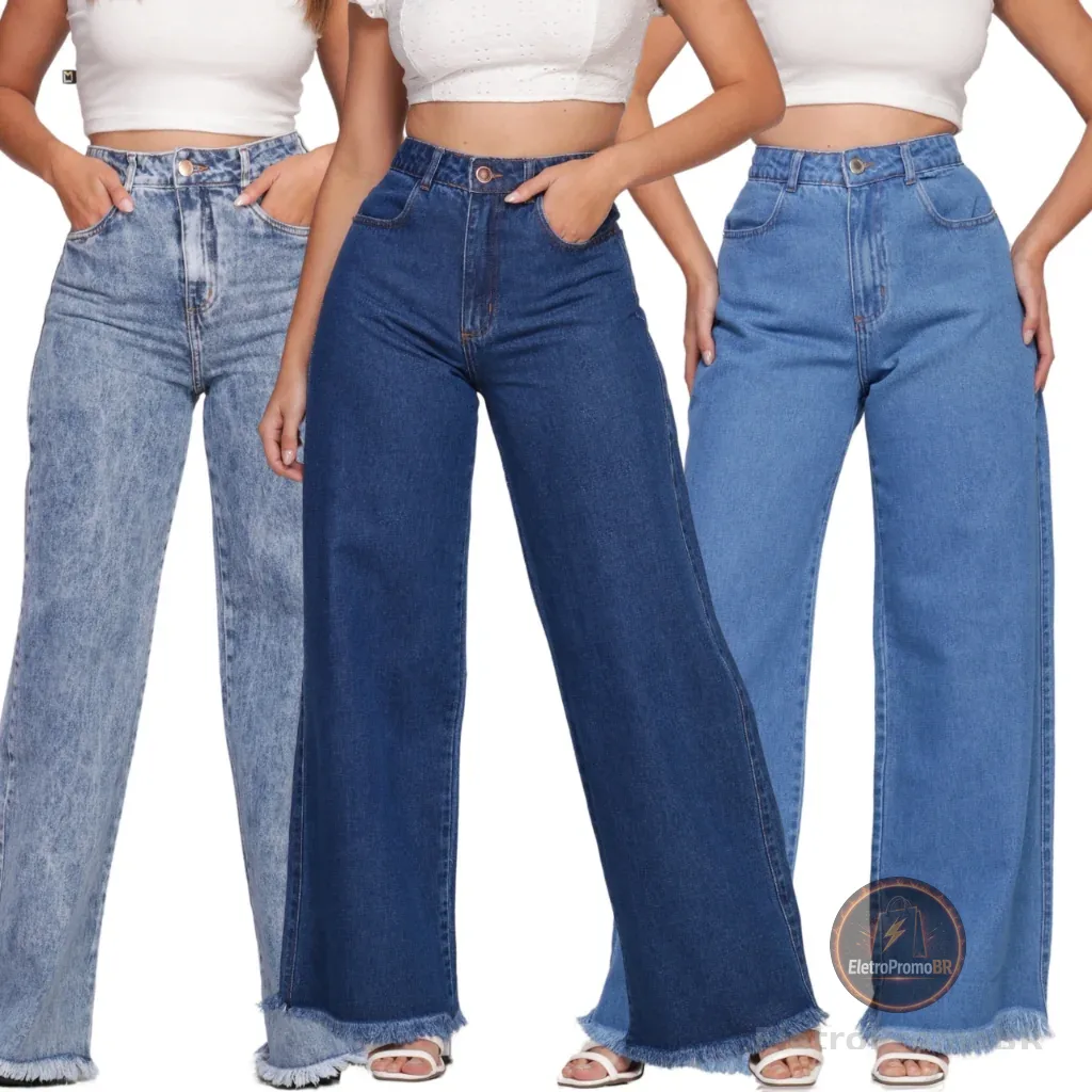Calça Jeans Feminina Cintura Alta Wide Leg Com Bolso