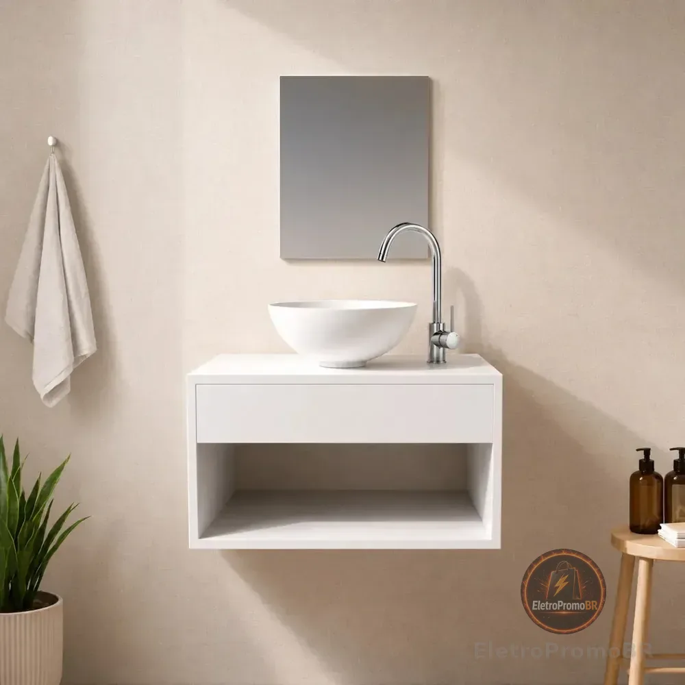 Gabinete Armário Banheiro 50cm Branco Cuba Redonda Suspenso Lavabo Lavatório Pia Um Furo