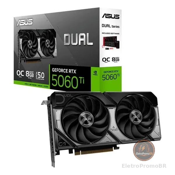 Placa de Vídeo ASUS RTX 5060 TI DUAL O8G NVIDIA GeForce, 8GB, GDDR7, DLSS, Ray Tracing - 90YV0MP2-M0NA00