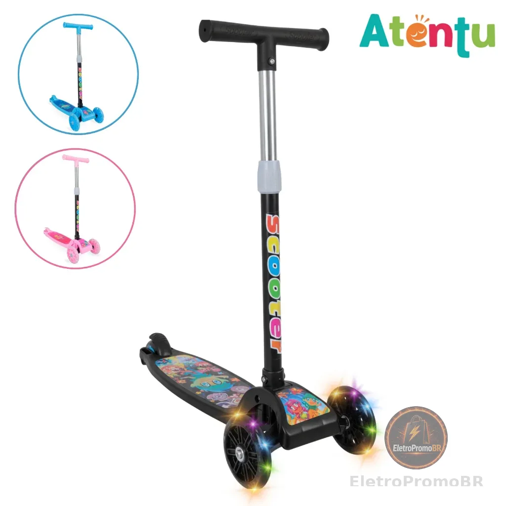 Patinete infantil 3 rodas com led luzes dobrável ajustável menino menina