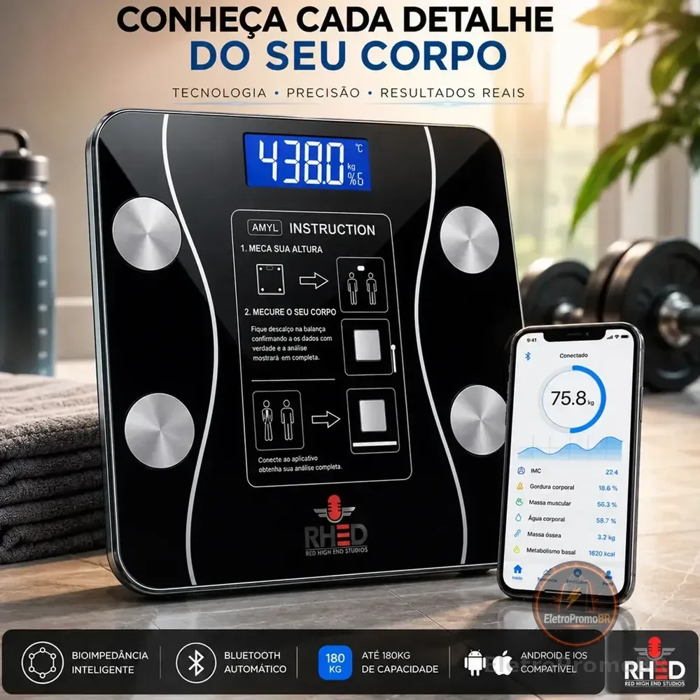 Balança Digital Bioimpedância Profissional smart imc 180kg Bluetooth Corporal Aparelho Alta Capacidade aplicativo App para Android e para IOS Balança De Banheiro Academia
