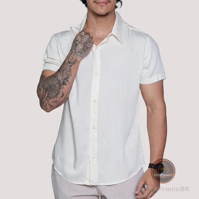 Camisa De Linho Masculina Manga Curta Para Verão Moda Praia