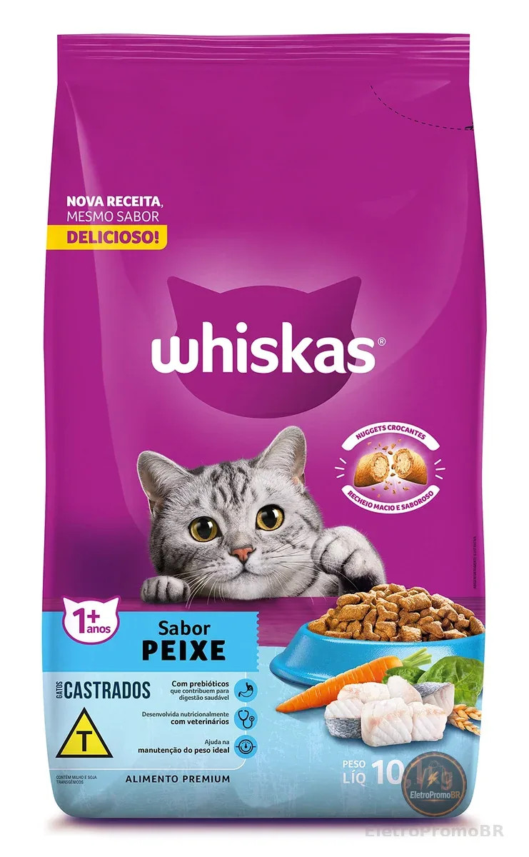 Ração Whiskas para gatos adultos castrados, Peixe, 10,1 kg