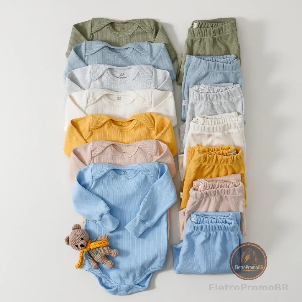 Kit Roupa De Bebe 4 Peças Canelado 2 Conjuntos Body Manga longa E Mijão Barato Enxoval