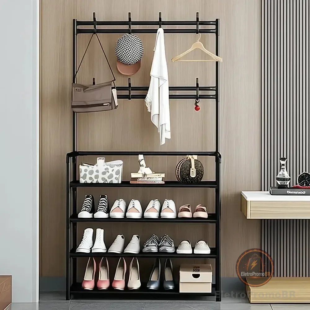 Vittak Sapateira Organizador Vertical Cabideiro Roupa Prateleiras Sapatos Bolsa Multiuso Cor Preto