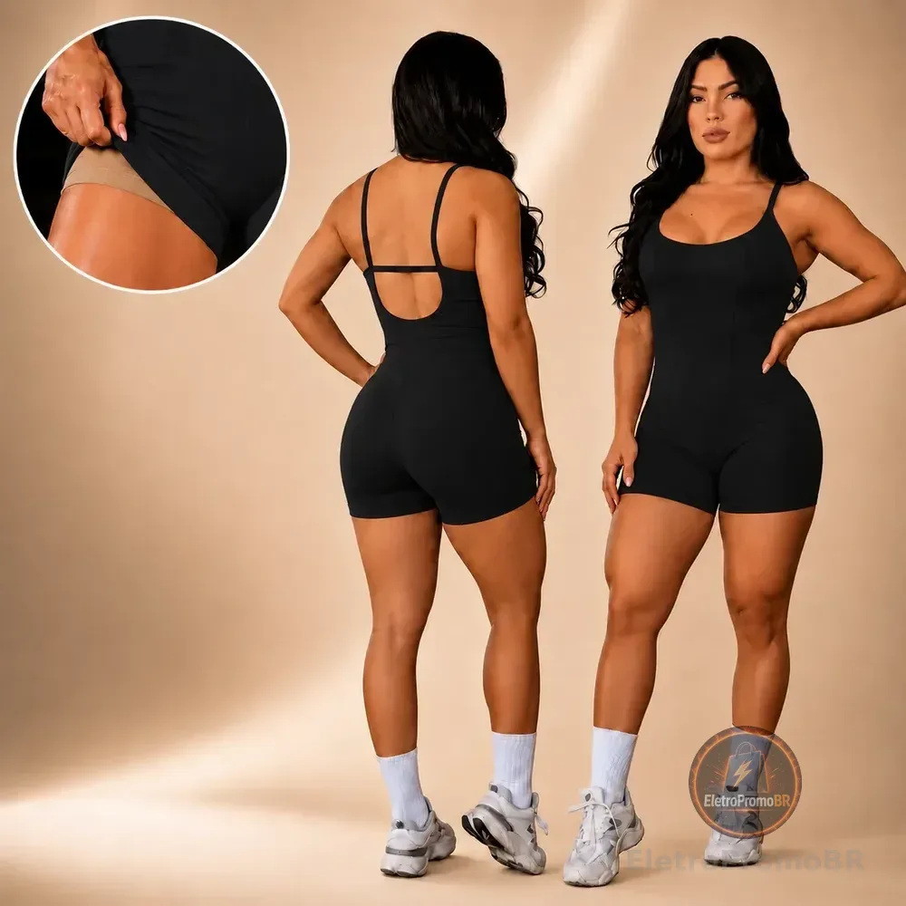 Macaquinho Academia Forrado Feminino Curto Fitness Em Suplex Preto M (36-38)
