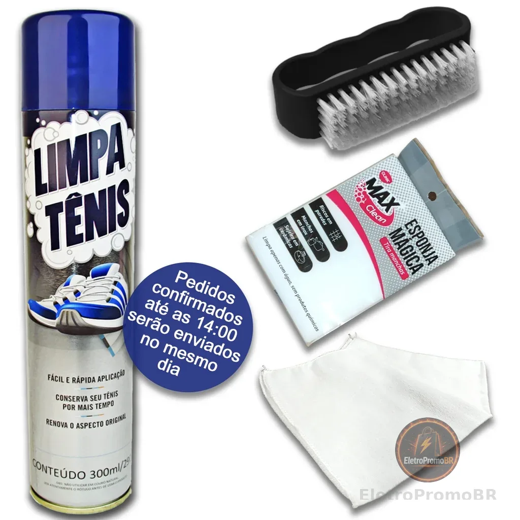 kit 1 Limpa Tênis 1 Esponja Magica 1 Flanela 1 Escova Limpa Branco  Colorido Espuma Spray Limpador