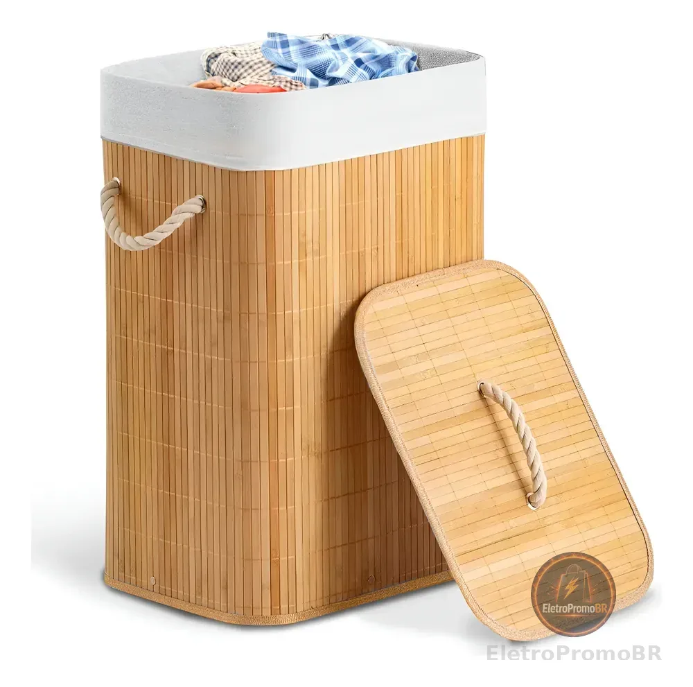 Cesto de Roupa Bege 70L Dobrável Bambu Com Tampa Casa Uno