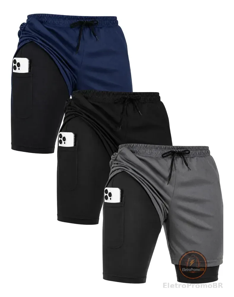 Kit 3 Shorts 2 Em 1 Academia Corrida Bermuda Duplo Com Bolso Preto /cinza /azul Xg