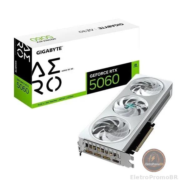 Placa de Vídeo Gigabyte RTX 5060 AERO OC 8G NVIDIA GeForce, 8GB GDDR7, 128bits, DLSS, Triple Fan, Ray Tracing - GV-N5060AERO OC-8GD