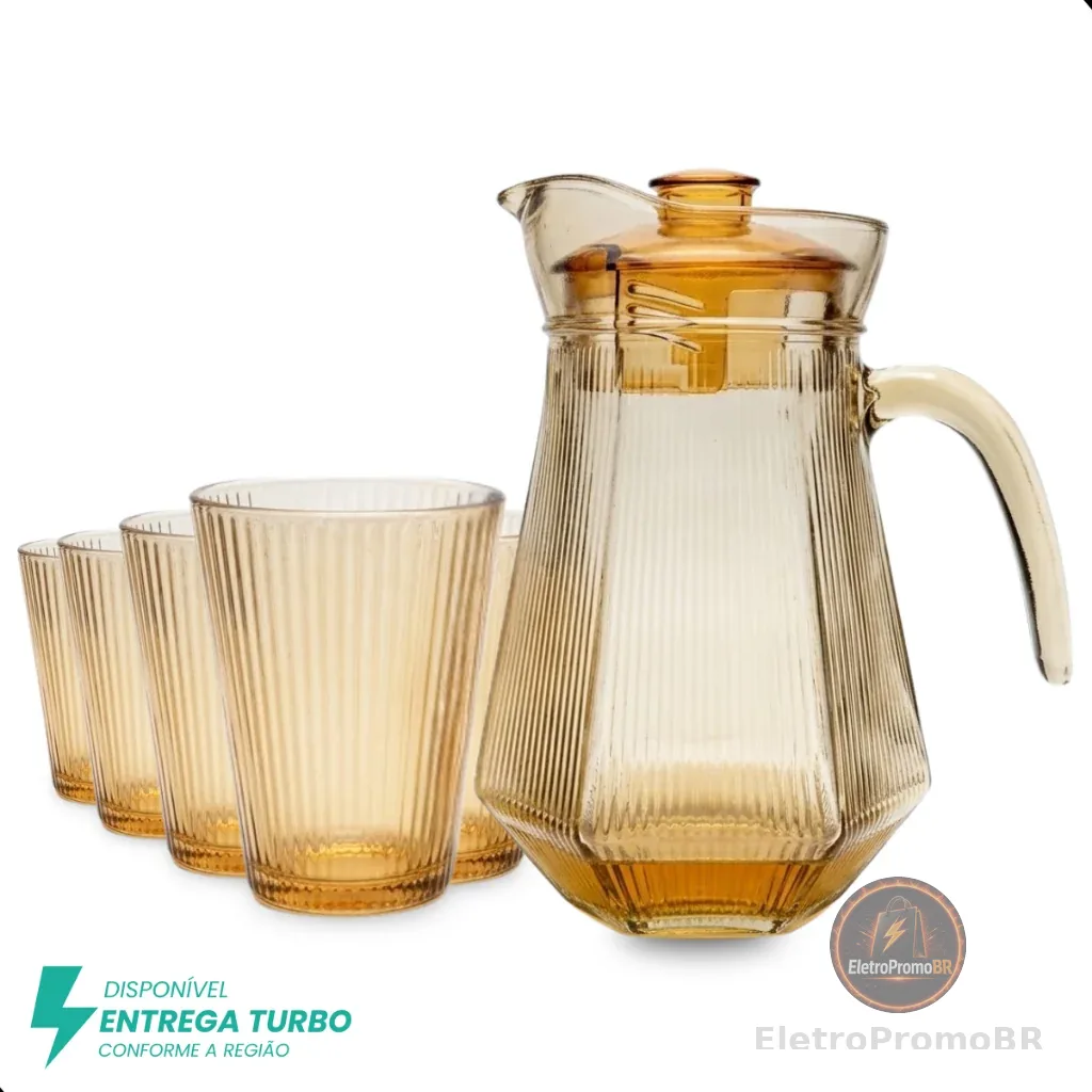 Conjunto de 1 Jarra de Vidro Âmbar com Tampa e 6 Copos – 7 Peças – Design Sofisticado e Resistente