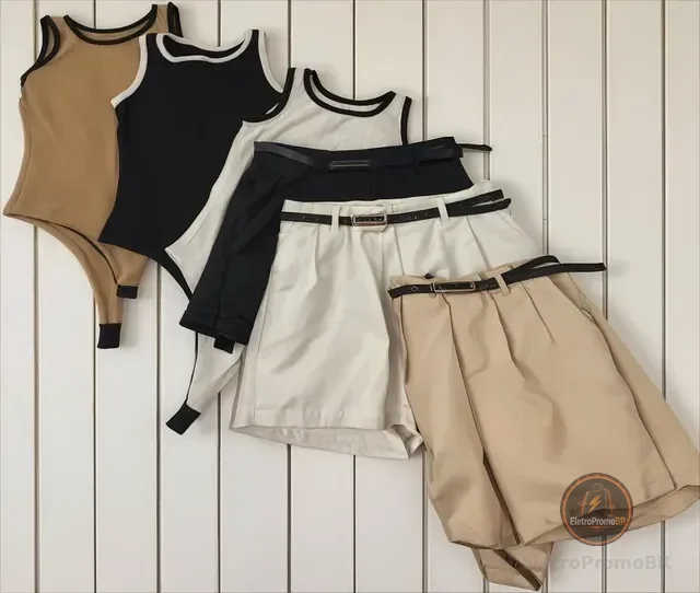 Kit 3 Shorts Alfaiataria 3 Body Canelado Preto Bege Branco
