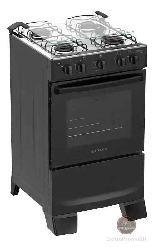 Fogão 4 Bocas Atlas Mônaco Plus com Mesa de Inox Automático Preto Bivolt
