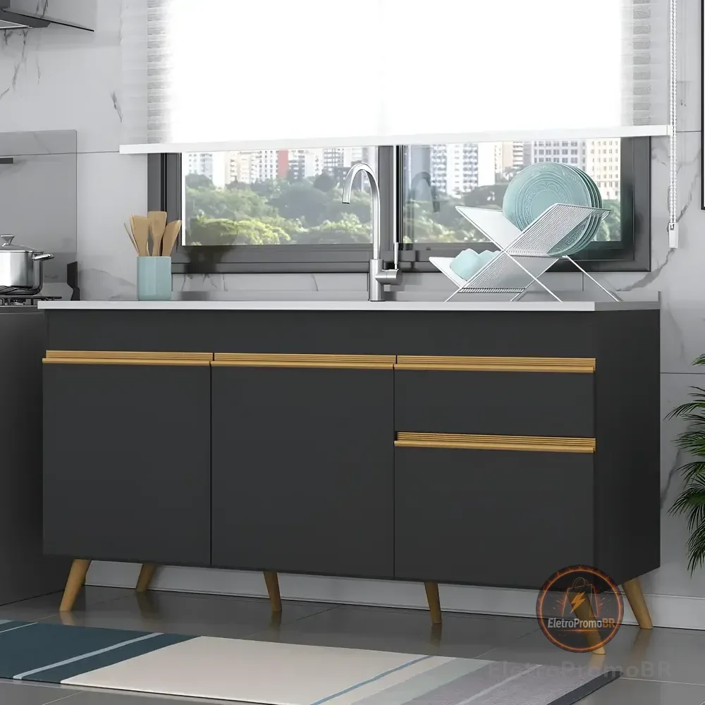 Balcão Armário Cozinha Gabinete para Pia 150cm 3 Portas 1 Gaveta Retrô Veneza Multimóveis MP2072 Preto