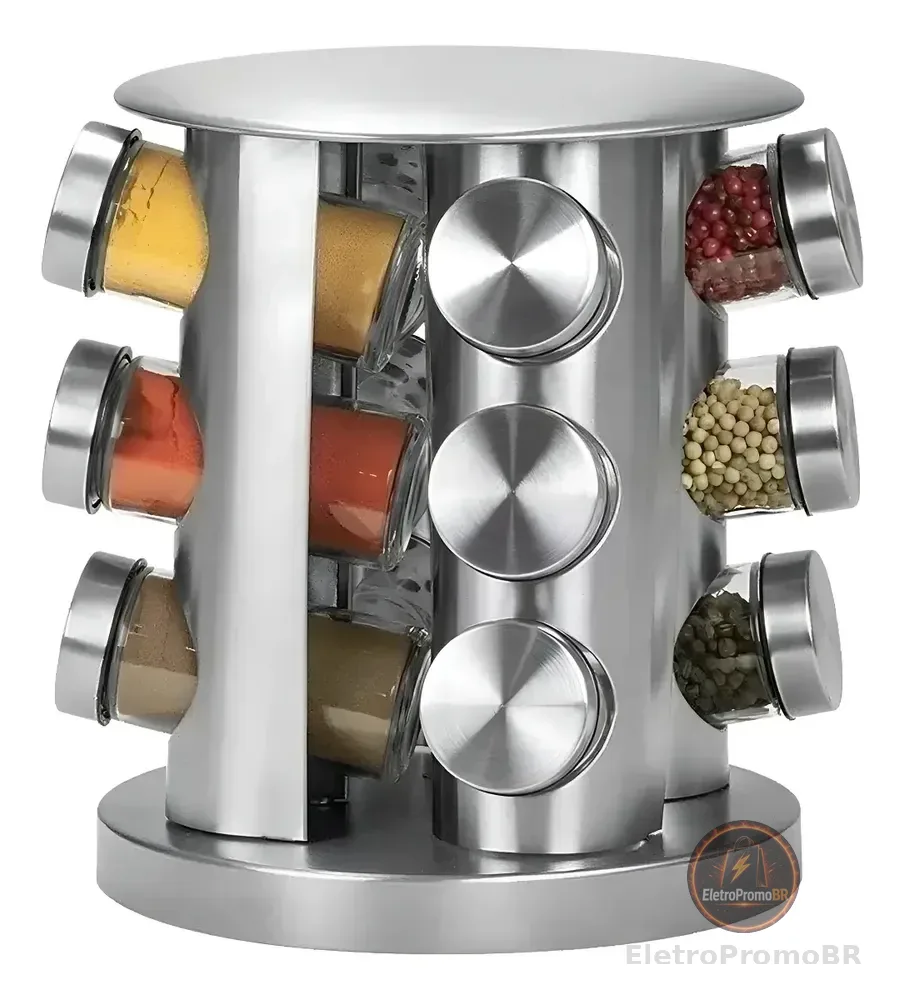Porta-tempero giratório inox Futuro Casa com 12 potes vidro de 80ml