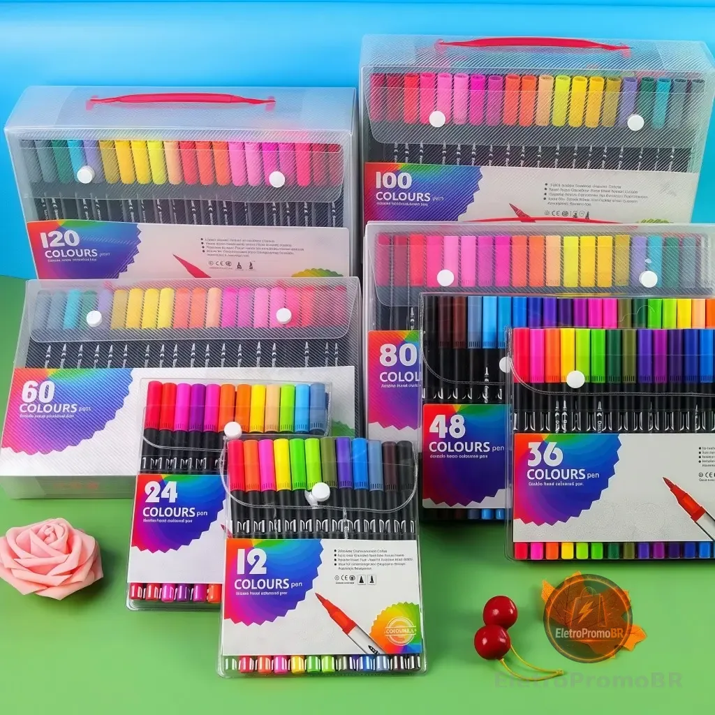 Kit 12/24/36/48/60 Canetas 2 em 1 Brush e Ponta Fina p/ Lettering, Desenho e Colorir Dual Pen