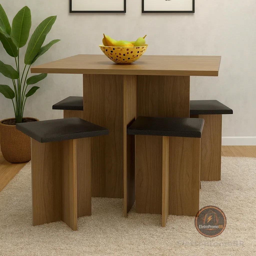 Conjunto Mesa Jantar Cozinha  Pequena Compacta E Bancos 4 Lugares