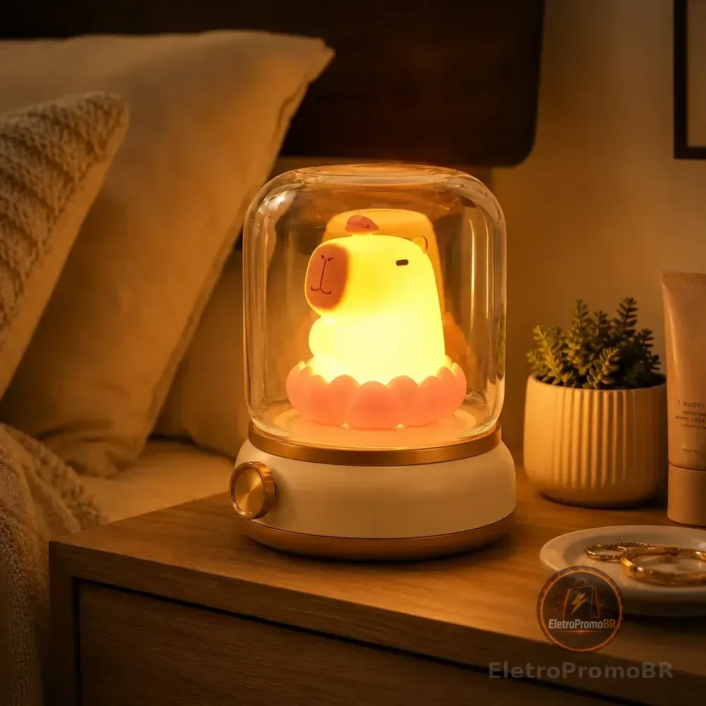 Abajur Capivara Cúpula Vidro Luz Regulável Recarregável Casa Amarelo 36v