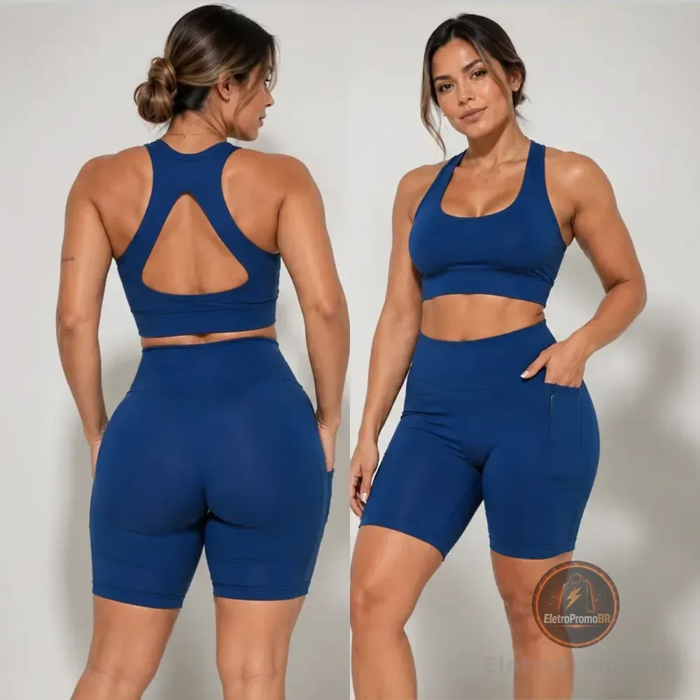 Conjunto Academia Fitness Top Short Kit Zero Transparência Azul Noturno Lisa P 36/38