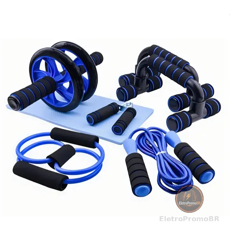 Kit Fitness 6 em 1 Roda Abdominal Flexão Corda Elástico Hand Grip Tapete Treino em Casa